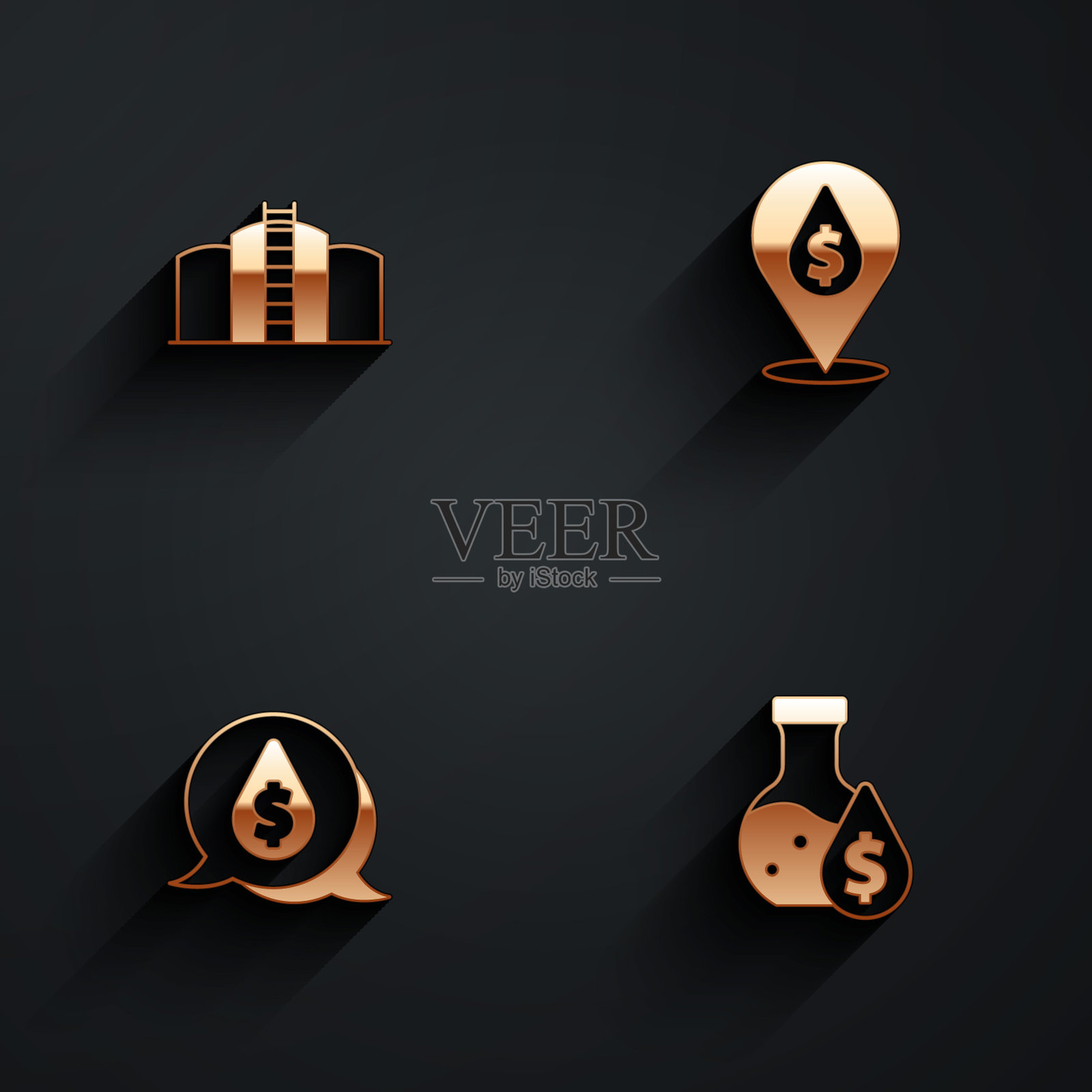 设置油箱存储，下降与美元符号，和汽油试管图标与长阴影。向量图标素材