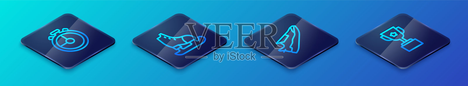 设置等距线健身运动鞋鞋，秒表，奖杯和溜冰鞋图标。向量图标素材