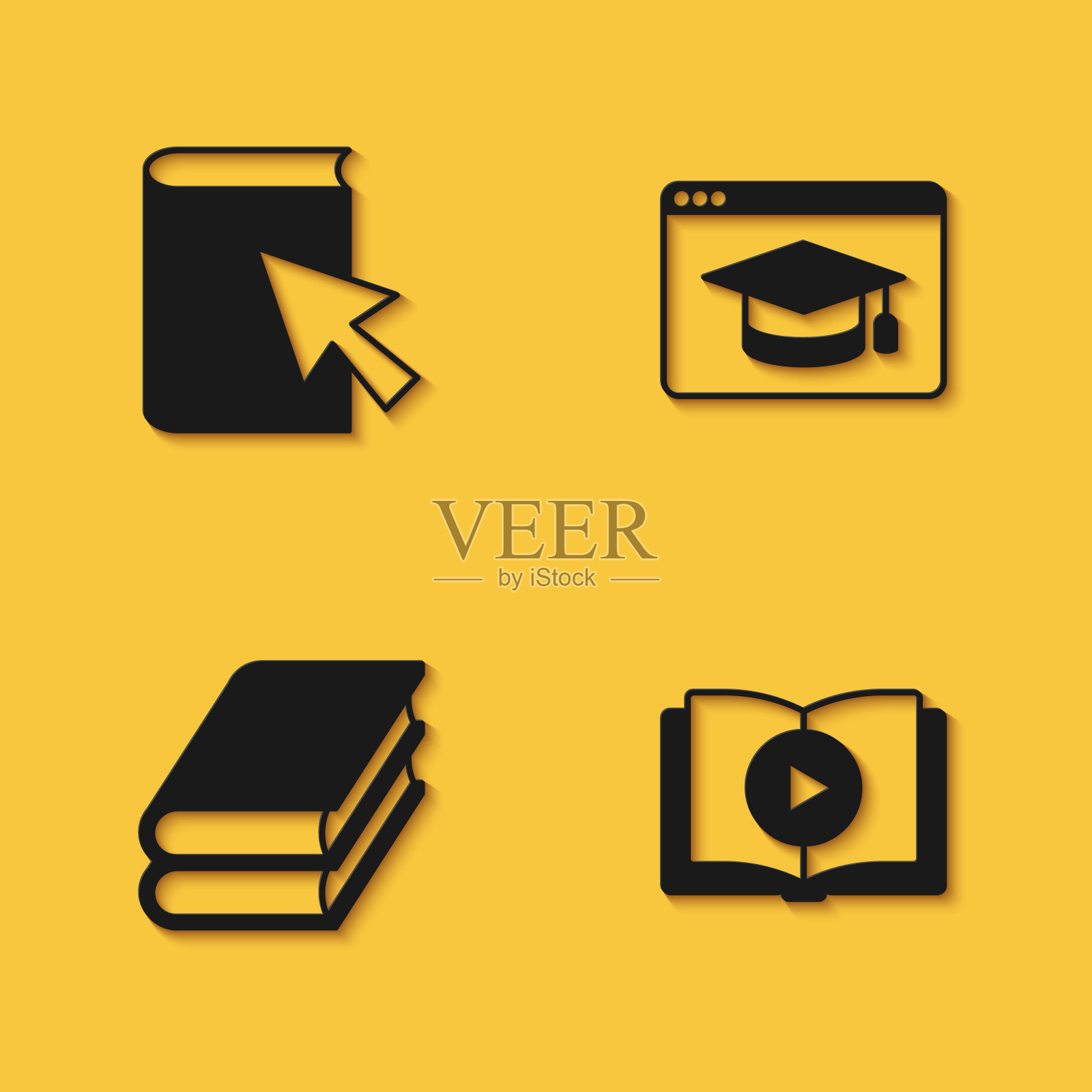 设置在线图书，音频，图书和教育图标与长阴影。向量图标素材