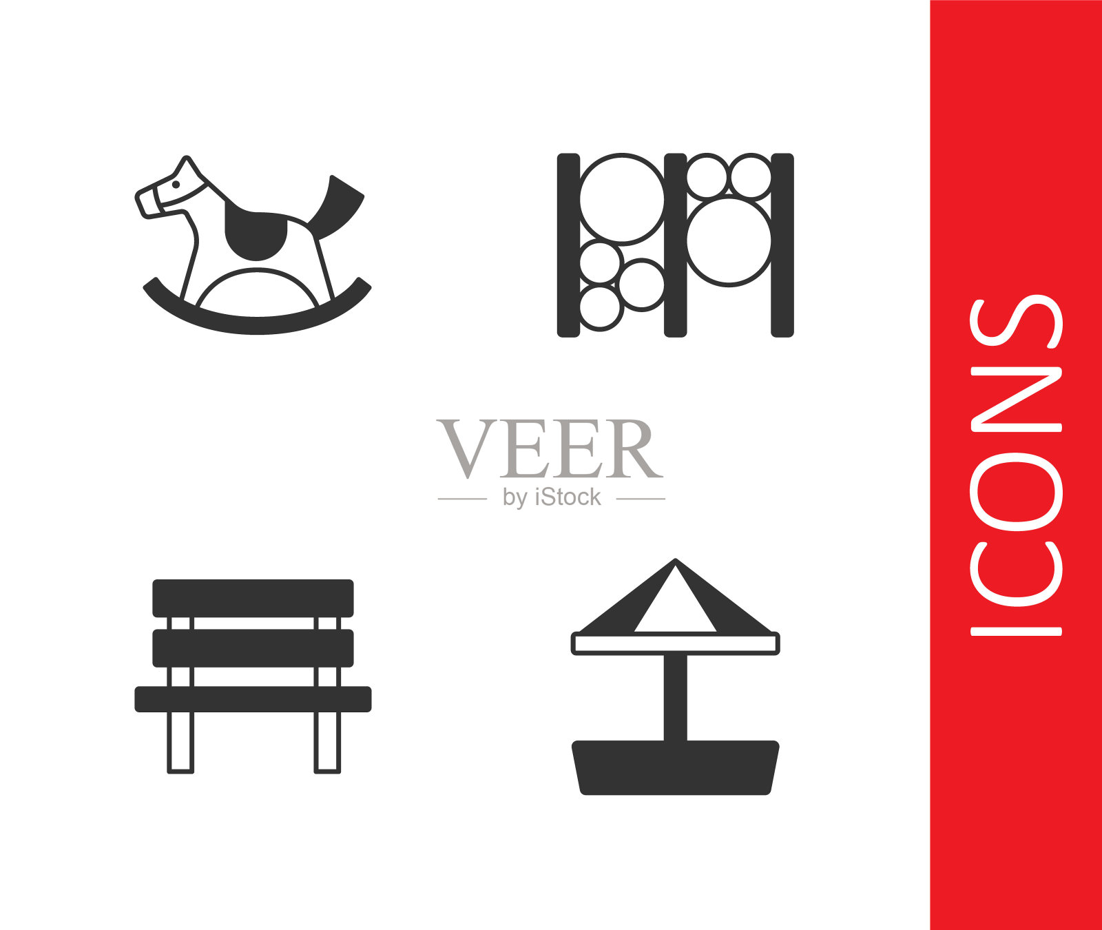 设置沙盒与沙子，马在马鞍秋千，长凳和游乐场攀登设备图标。向量图标素材