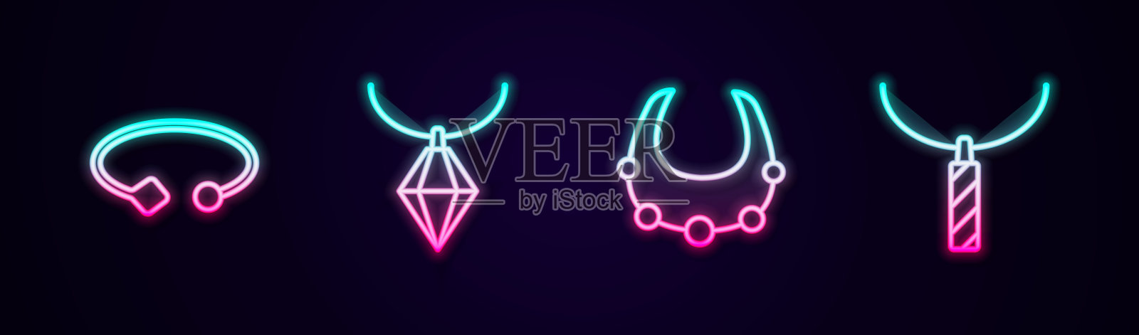 集手链首饰、吊坠项链、项链及。发光的霓虹灯图标。向量插画图片素材
