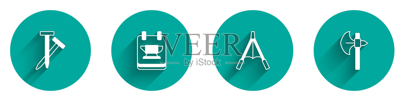 设置金属钉，铁匠砧工具，鼓风机风箱和中世纪斧头图标与长阴影。向量图标素材