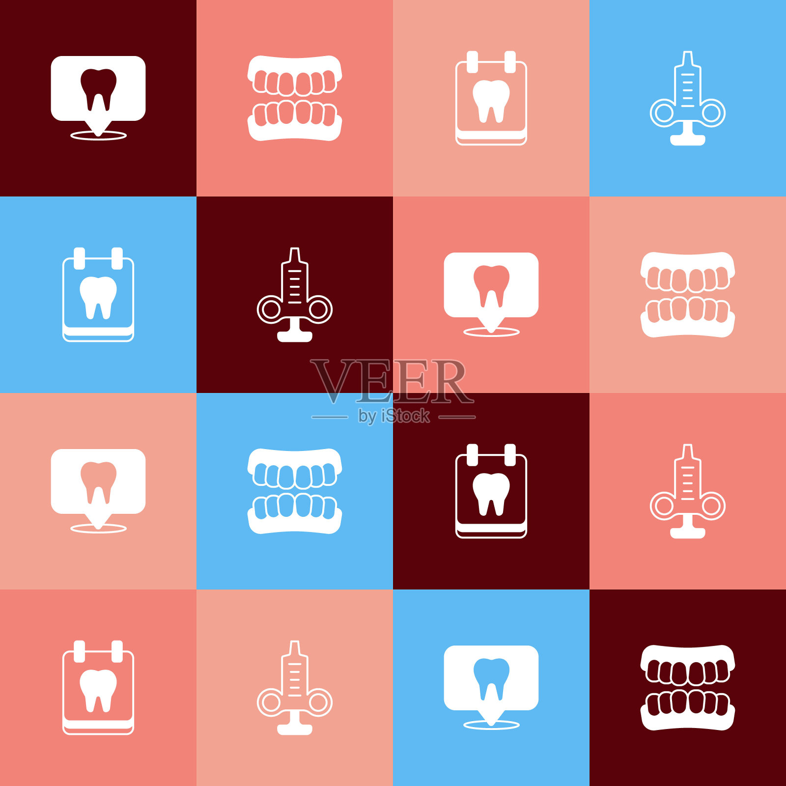 设置流行艺术牙科诊所位置，假牙模型，日历与牙齿和注射器图标。向量插画图片素材