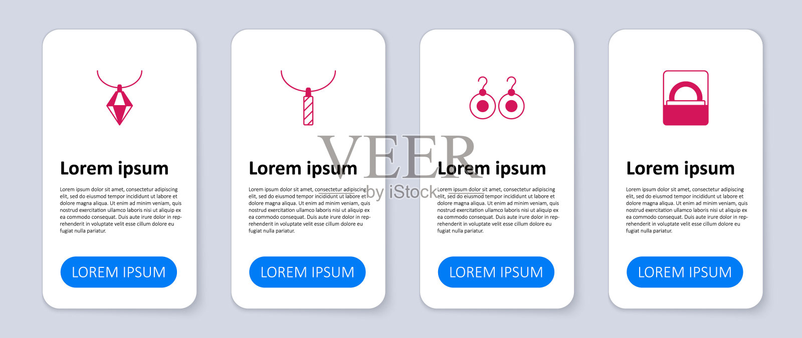 集钻石订婚戒指在盒子，耳环，吊坠项链和。业务信息模板。向量设计模板素材