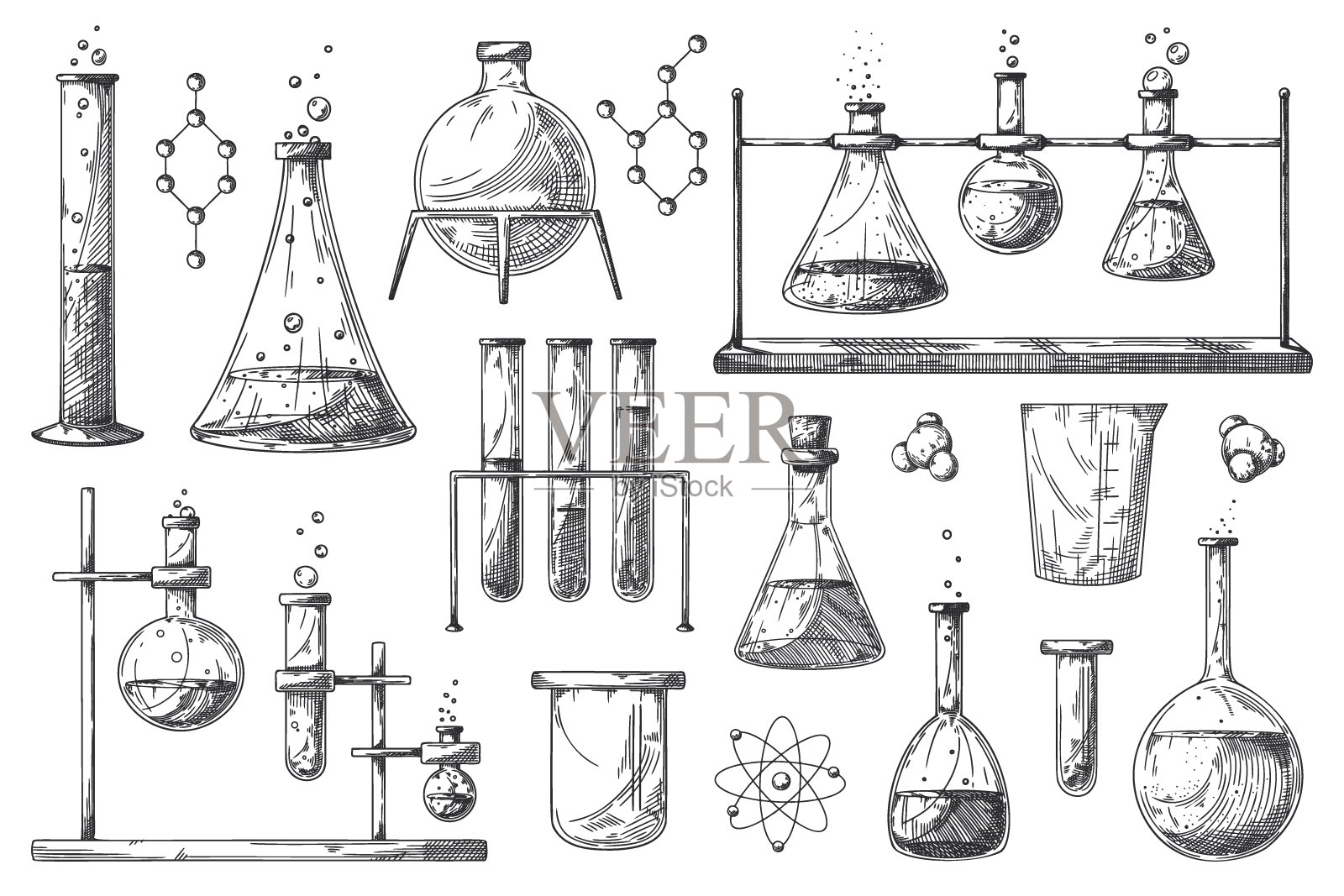 一套不同的药瓶，烧杯和试管。化学实验室物体的草图。发现和化学符号。插画图片素材