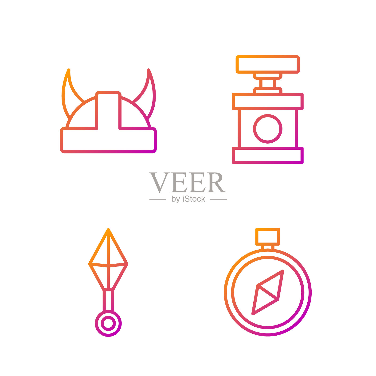 设置线指南针，日本忍者飞镖，海盗在角头盔和处理炸药雷管。渐变颜色图标。向量图标素材