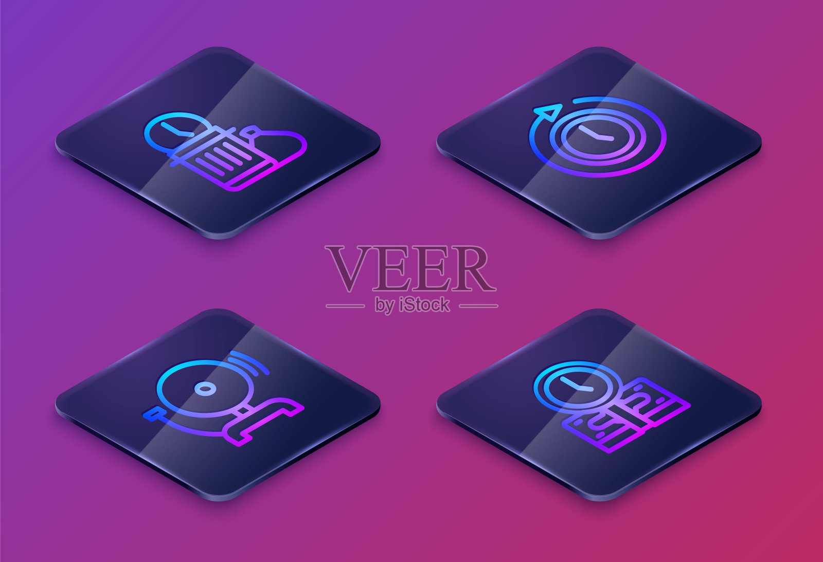 浪费时间，摇闹钟，带箭头的闹钟，时间就是金钱。蓝色方块按钮。向量图标素材