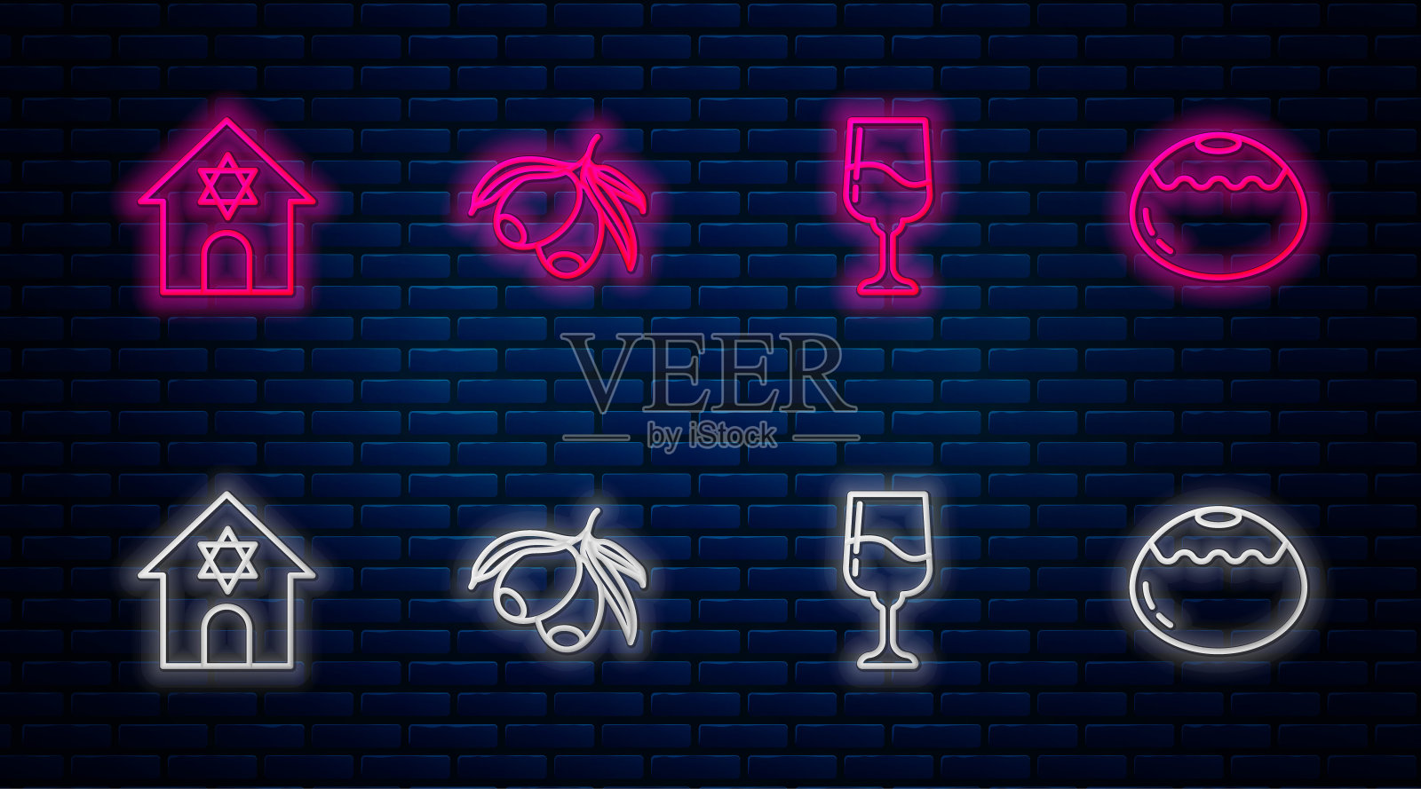 设置线橄榄枝，犹太高脚杯，犹太教堂和甜面包。砖墙上闪烁的霓虹灯图标。向量插画图片素材