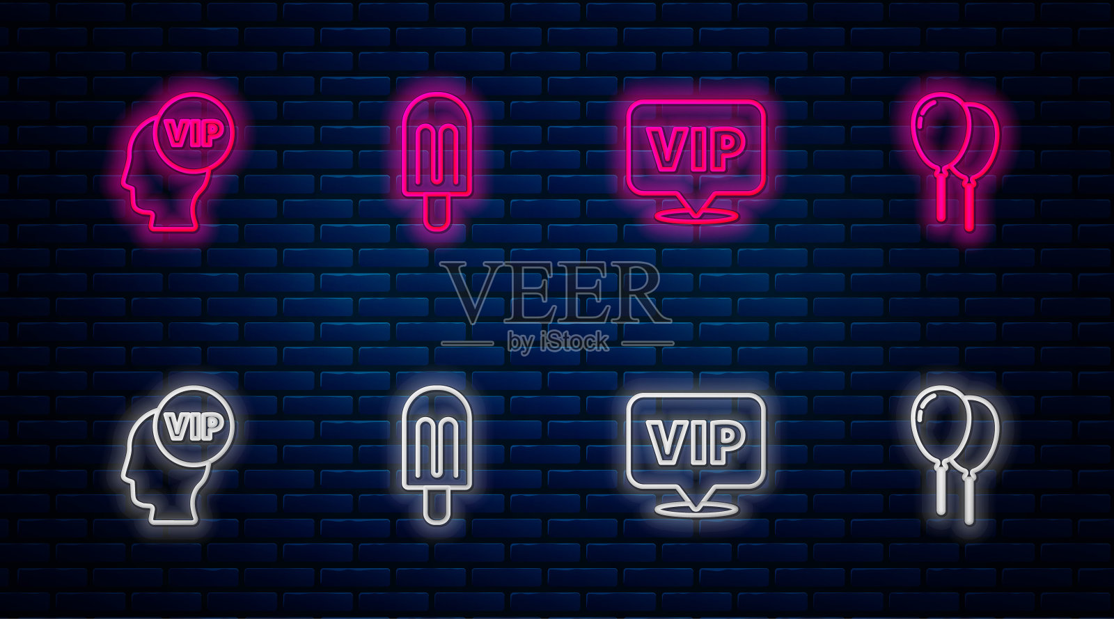 设有冰淇淋，Vip专座，内头及带丝带的气球。砖墙上闪烁的霓虹灯图标。向量插画图片素材