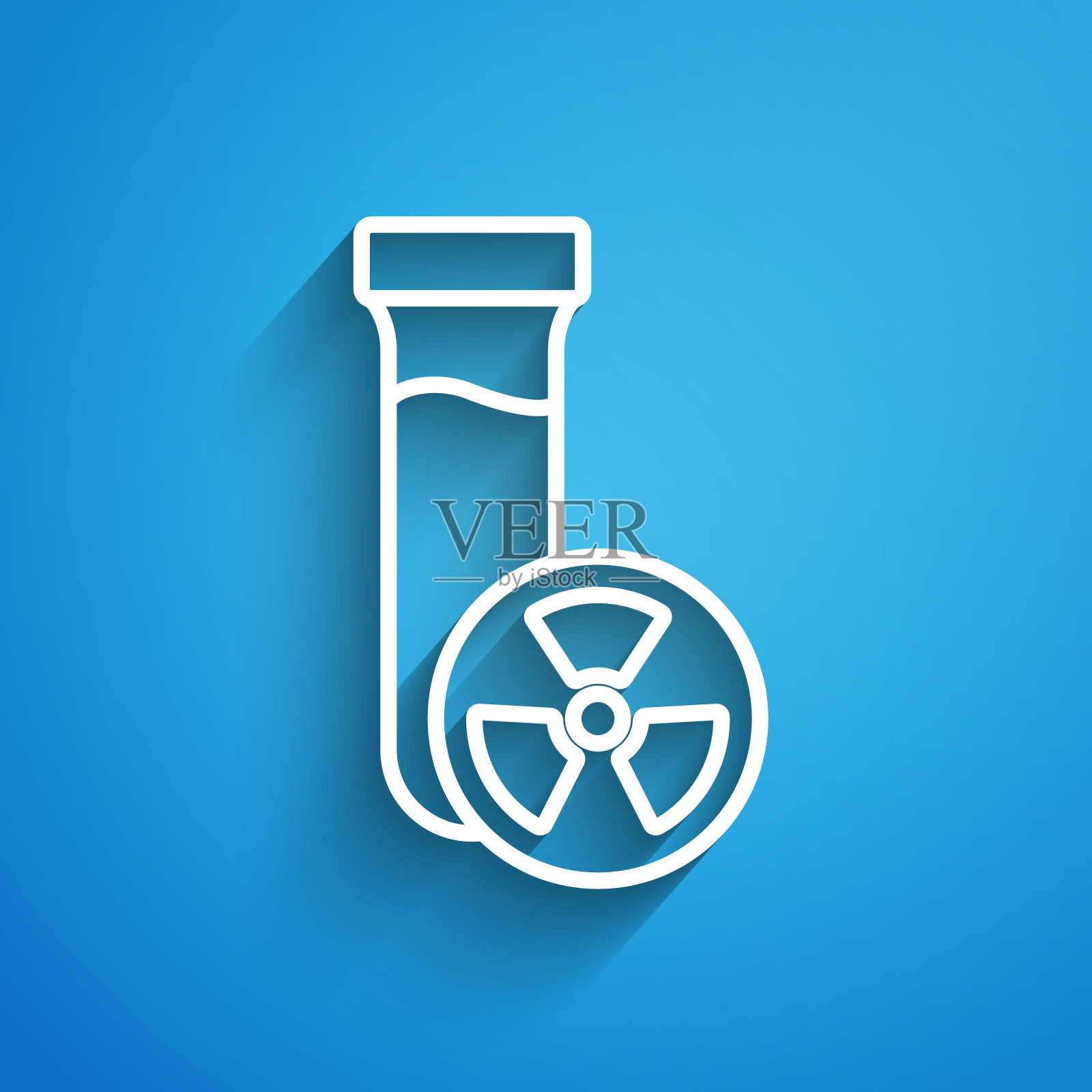 白线实验室化学烧杯，有毒液体图标孤立在蓝色背景上。生物危害的象征。带有辐射标志的危险标志。长长的阴影。向量插画图片素材