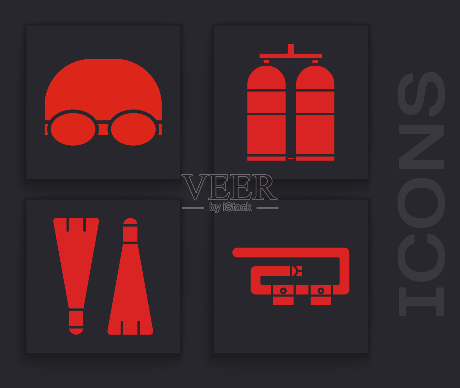 潜水带游泳眼镜帽子潜水呼吸器橡胶脚蹼图标矢量素材图标素材