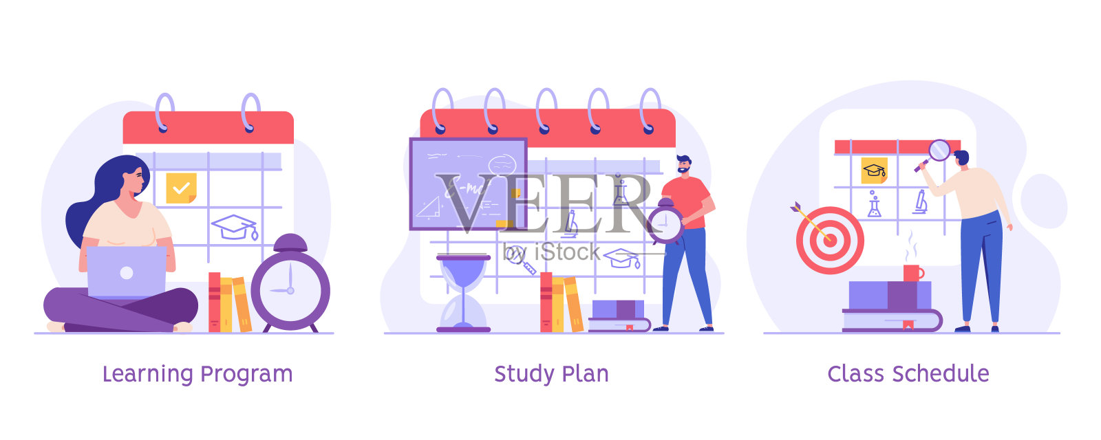 学习计划概念、学习计划、课程表。学生安排课程计划。学生在大学组织个人学习计划。为网络横幅向量卡通插图的集合插画图片素材