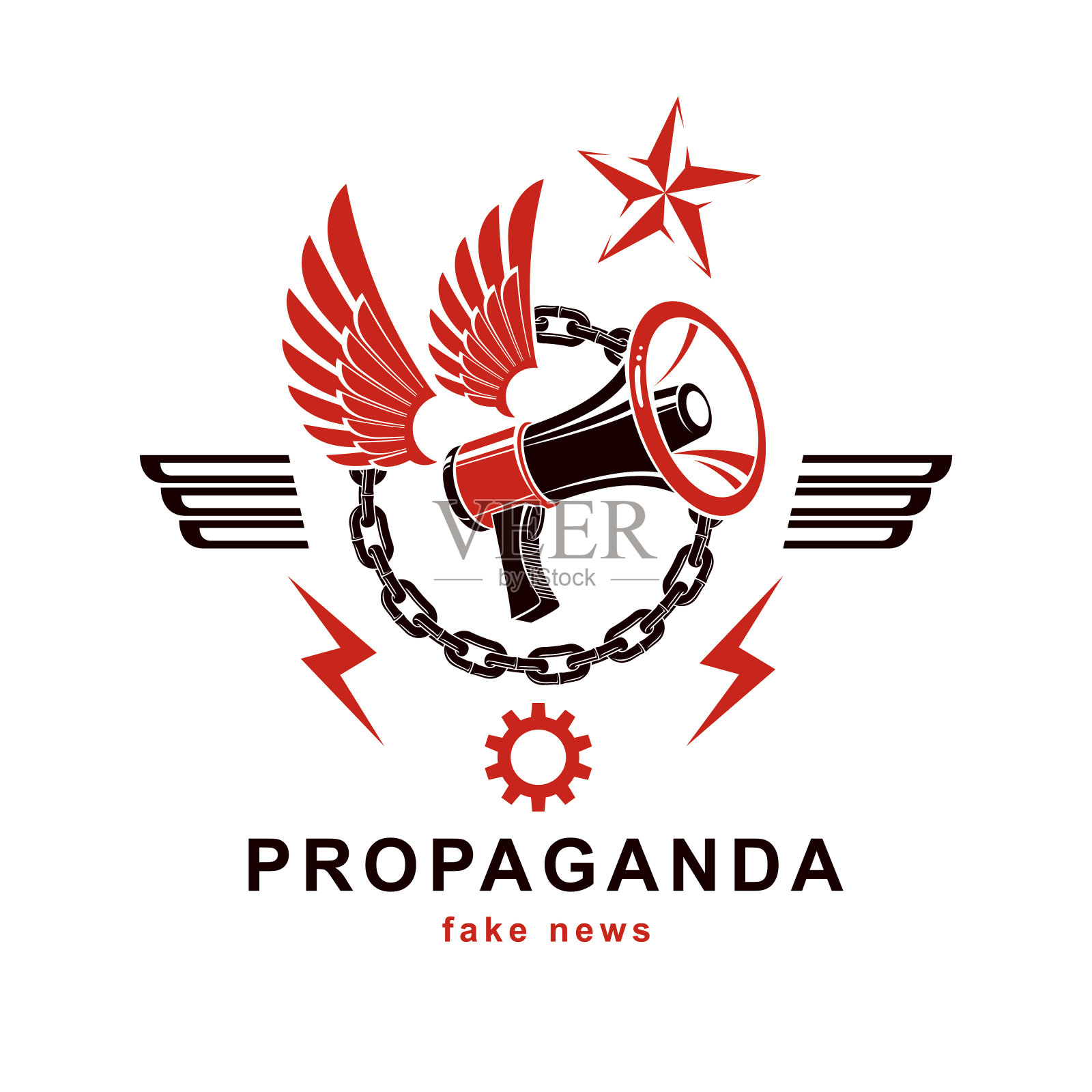 矢量翼形标志，由铁链和工程齿轮包围的扩音器设备组成。宣传作为意识形态强加的手段插画图片素材