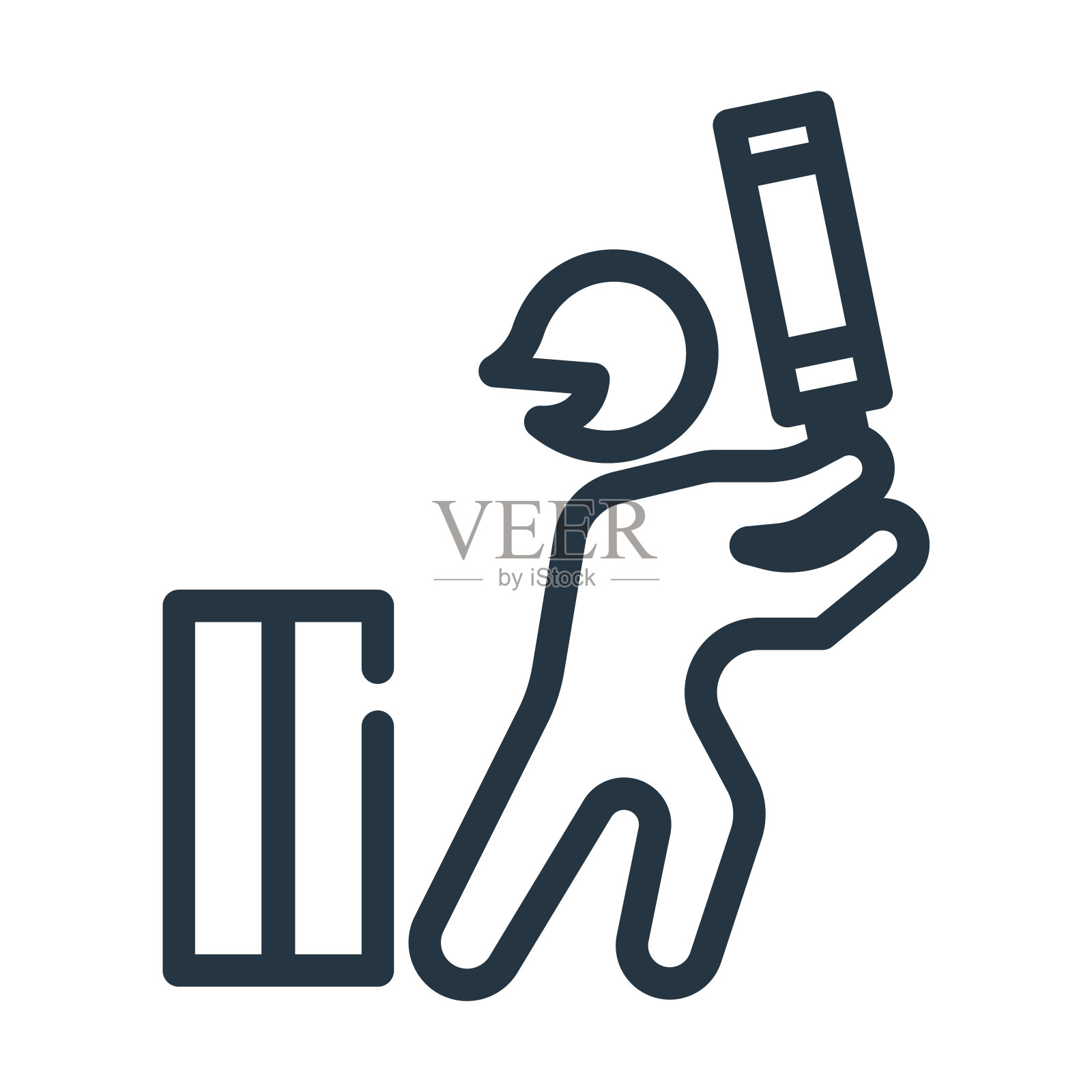 有球棒细线图标的板球运动员。蝙蝠，板球线性图标从体育概念孤立轮廓标志。矢量插图符号元素的网页设计和应用程序。插画图片素材