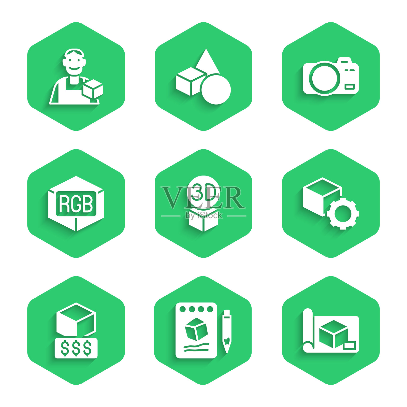 设置等距立方体，素描在纸上，绘图工程，3D打印机服务，RGB和CMYK颜色混合，照片相机和平面设计师图标。向量图标素材