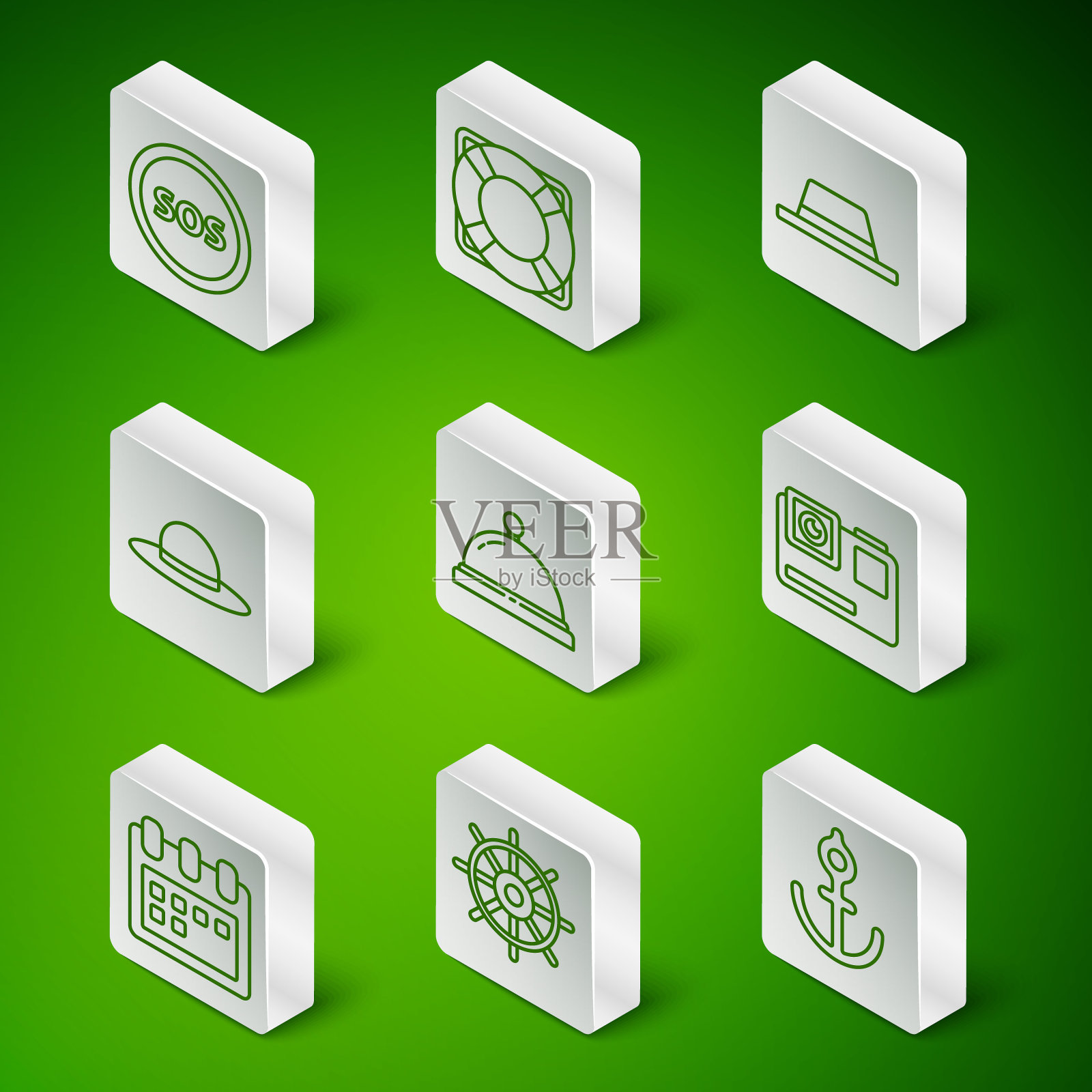 设置线锚，船舶方向盘，位置与SOS，酒店服务铃，优雅的妇女帽，救生圈，日历和行动极端相机图标。向量图标素材