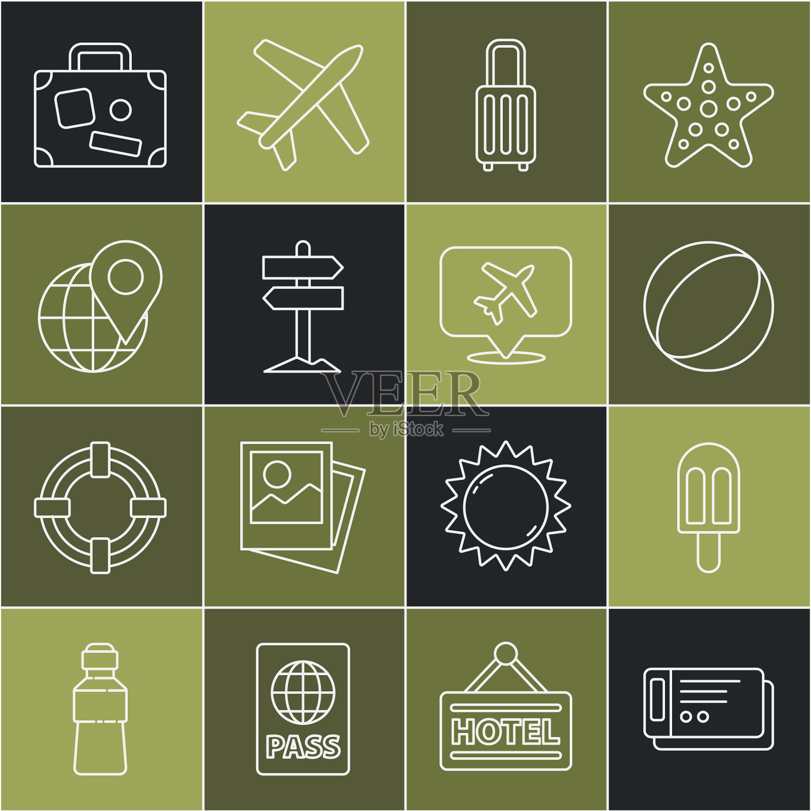 设置线路旅行票，冰淇淋，沙滩球，手提箱，道路交通指示牌，全球位置，和语音气泡与飞机图标。向量图标素材