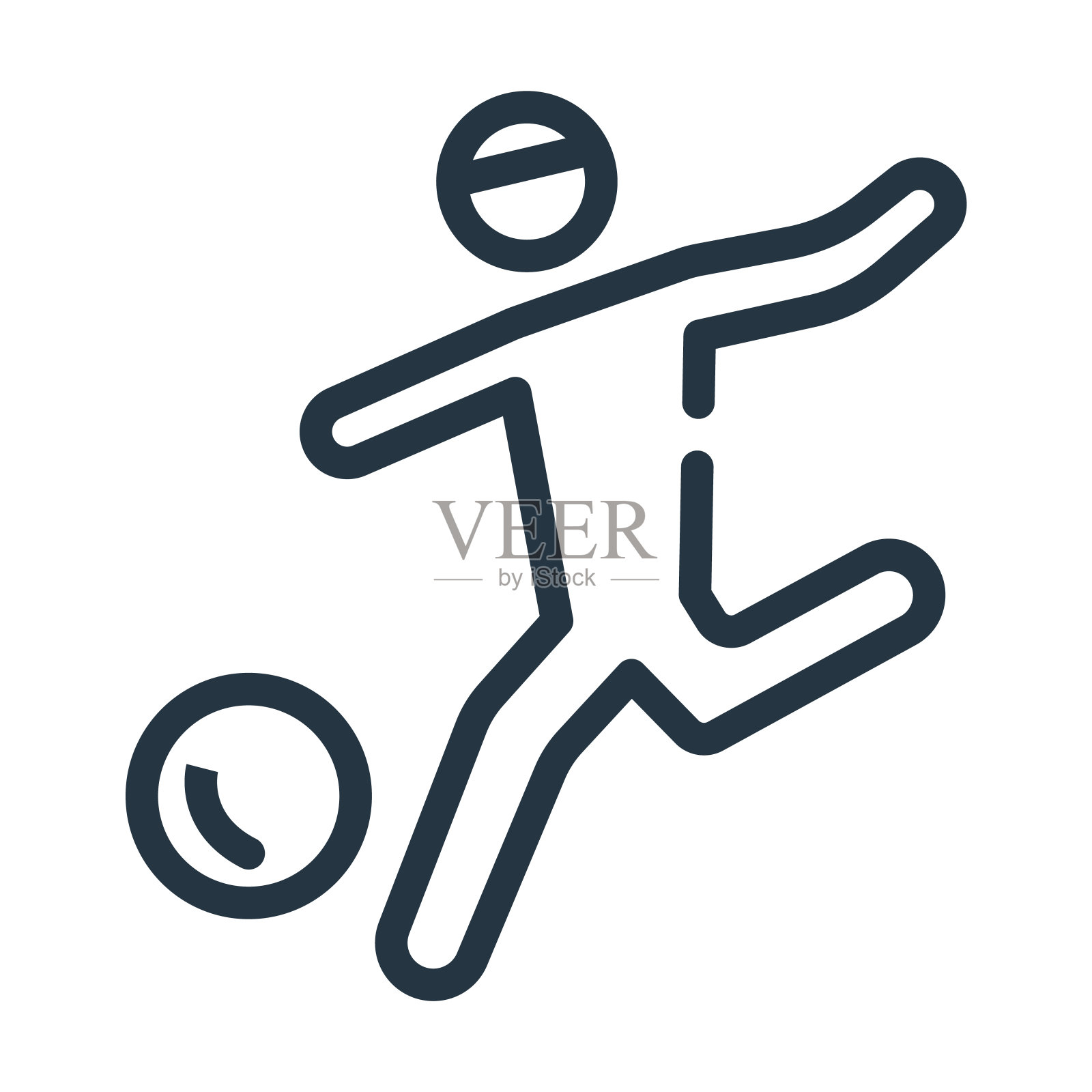 足球运动员与球细线图标。游戏中，足球的线性图标来源于体育概念孤立的轮廓符号。矢量插图符号元素的网页设计和应用程序。插画图片素材