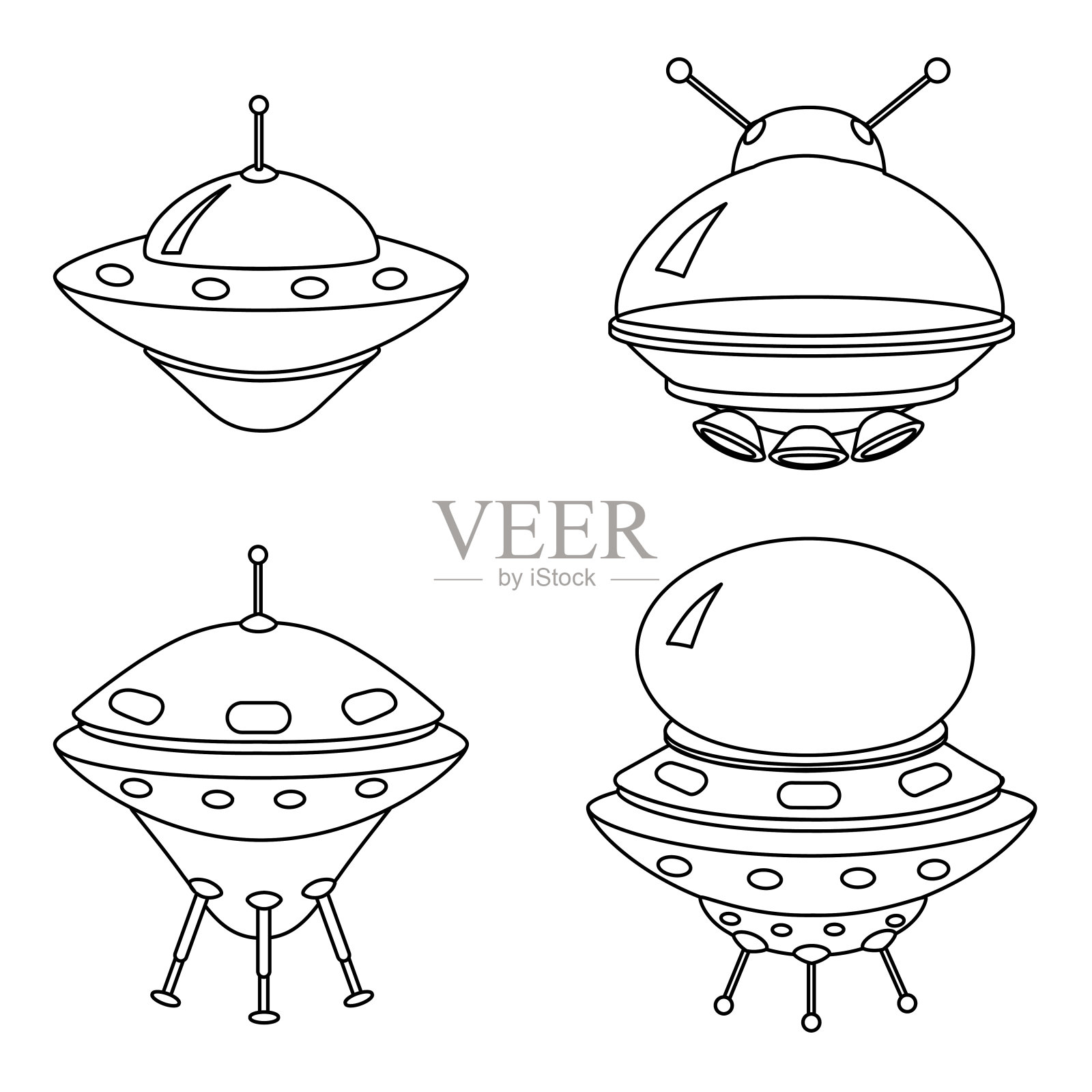 UFO图标设置，外星飞船。向量轮廓风格插画图片素材