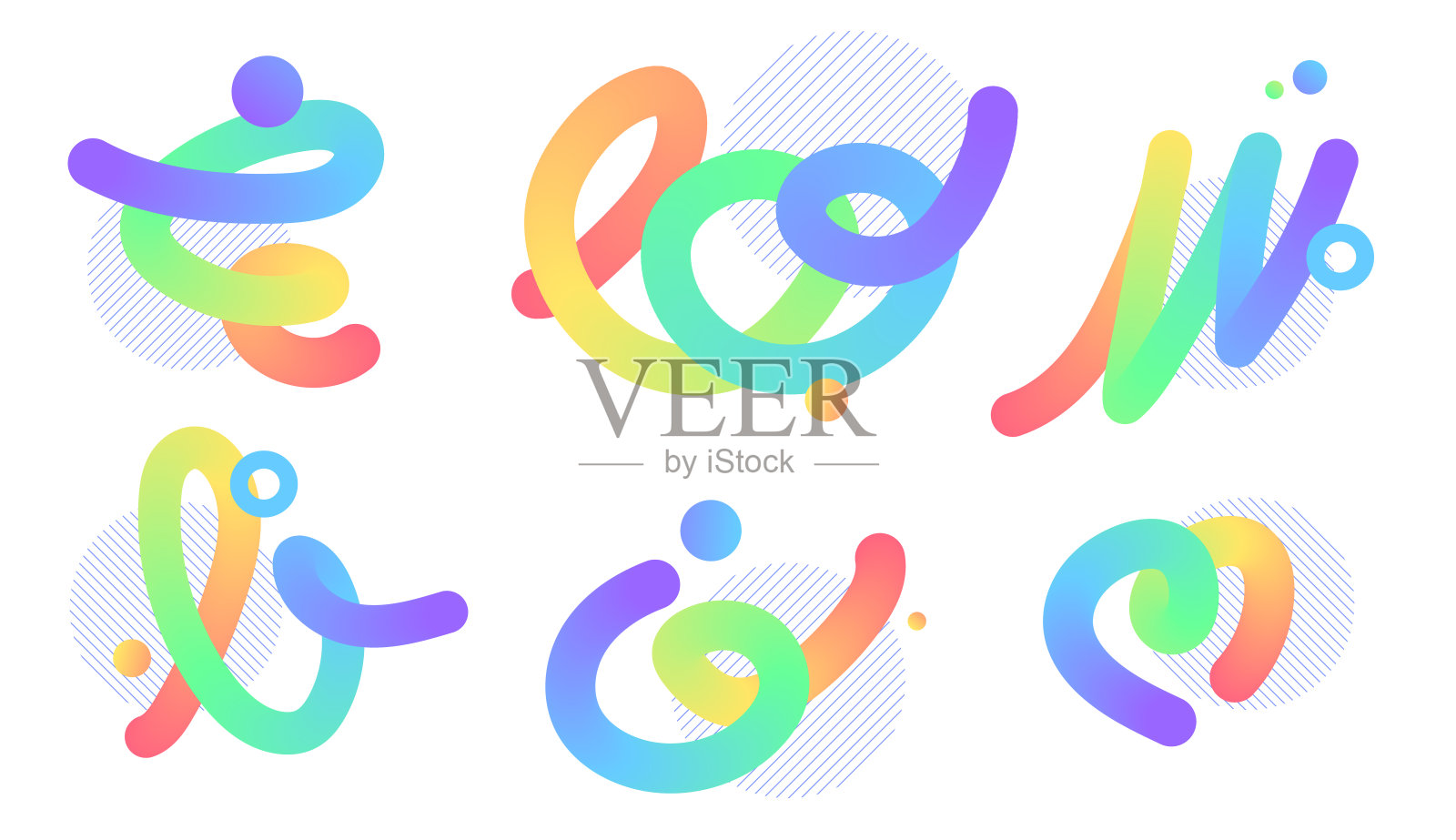 彩虹色的抽象流体弯曲元素集。浮动的圆形波浪混合梯度。动态组成与各种元素的网站或横幅插画图片素材