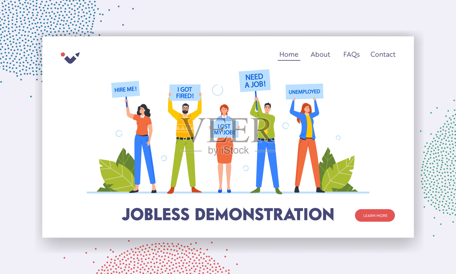 失业演示登陆页面模板。流行病后的失业概念，商业人物拿着招牌插画图片素材