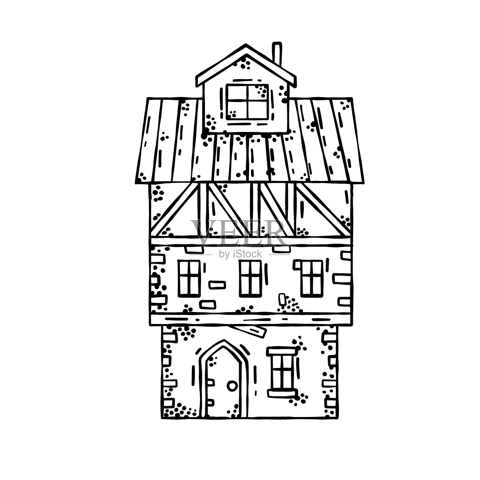 中世纪的房子。村庄建设。有烟囱的老房子。设计元素图片