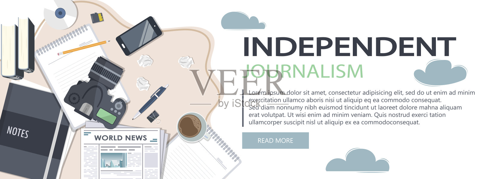 新闻。相机和照片。大众传媒、电视、采访、突发新闻、新闻发布会概念。独立的新闻。平面向量的横幅。设计模板素材