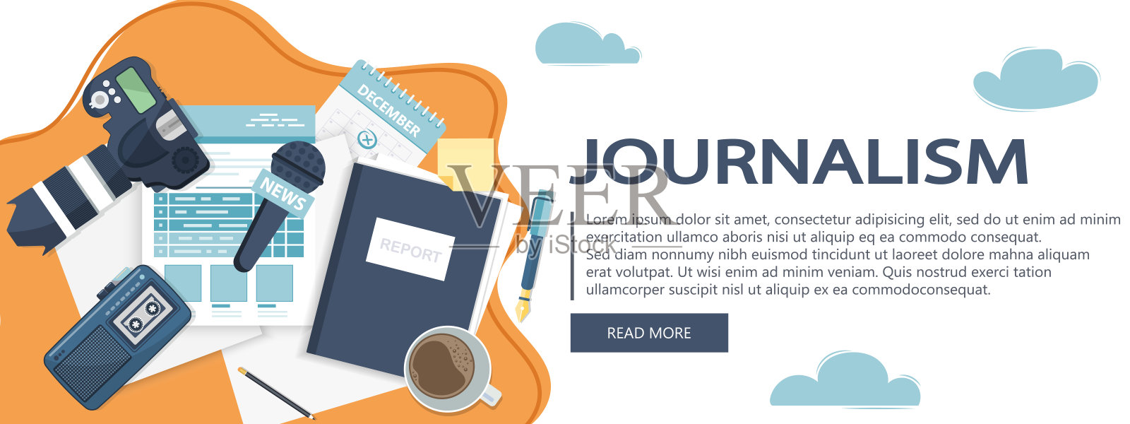 新闻。相机和照片。大众传媒、电视、采访、突发新闻、新闻发布会概念。独立的新闻。平面向量的横幅。设计模板素材