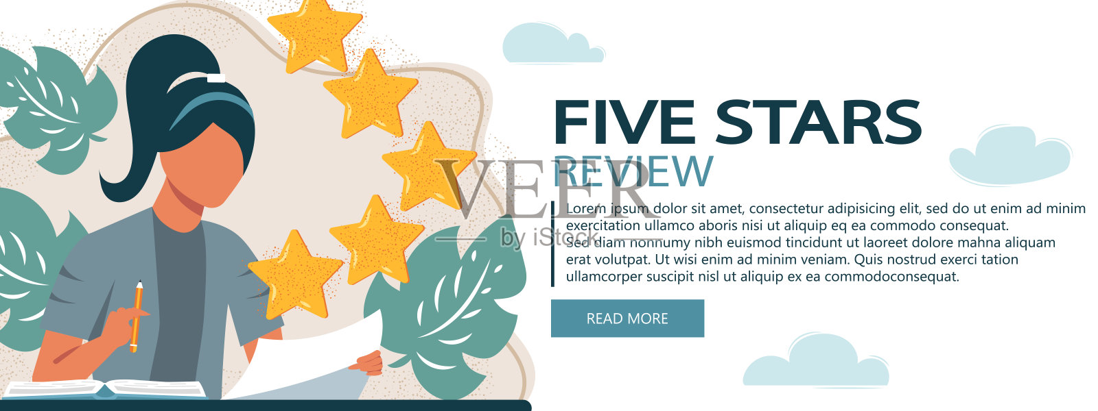 反馈的概念，奖状信息和通知。对客户服务的评价。五星，还有评论家。平面向量设计模板素材