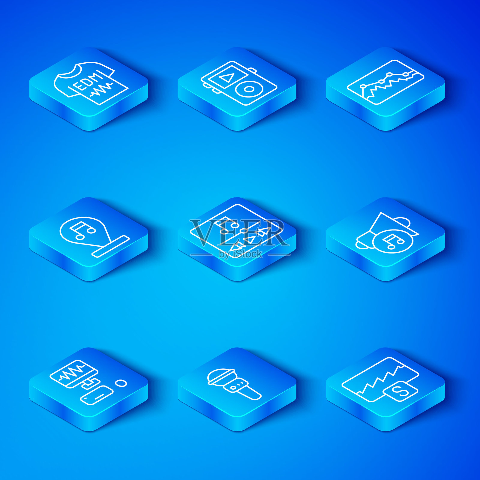 设置线音乐录音工作室，播放器，麦克风，扬声器音量，均衡器，音符，音调，t恤和图标。向量图标素材