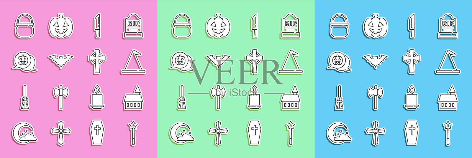 设置线魔术棒，城堡，女巫帽子，刀，飞行的蝙蝠，南瓜，万圣节女巫坩埚和十字架图标墓碑。向量图标素材