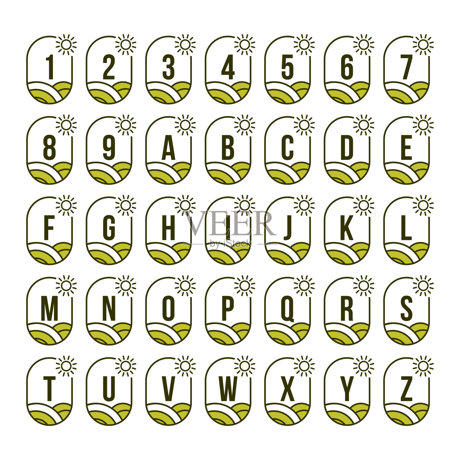 农业标志徽章模板。农田农业农场，农业企业，生态农场标志设置太阳和农田标志插画图片素材