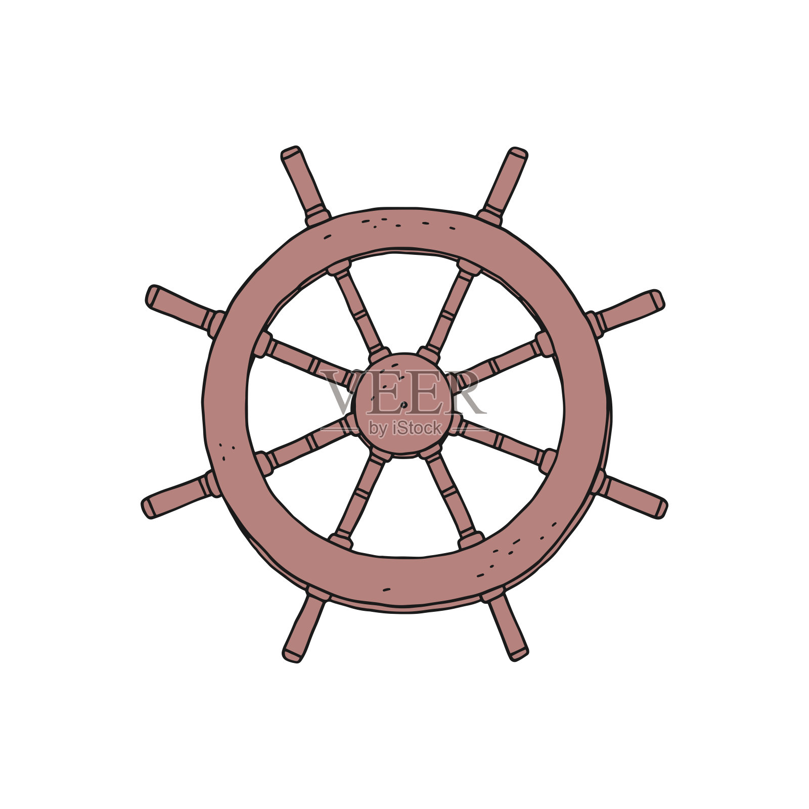 方向盘舵。矢量涂鸦草图轮廓复古孤立插图。插画图片素材