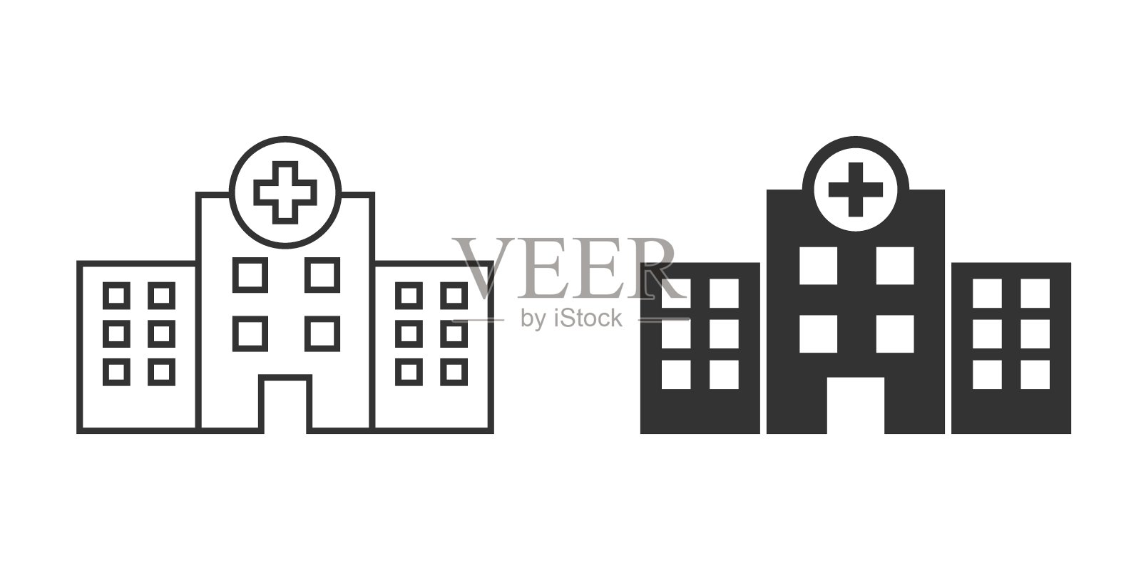 医院建筑图标的平面风格。孤立背景上的医疗诊所矢量插图。医药招牌经营理念。图标素材