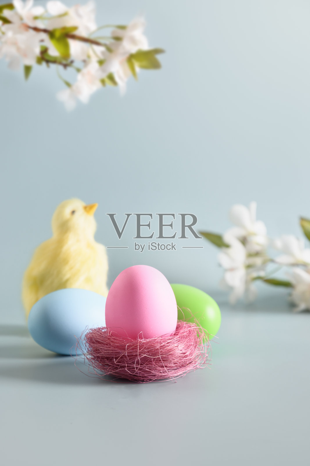 复活节粉红色的鸡蛋和巧克力兔在春天组成在蓝色。照片摄影图片