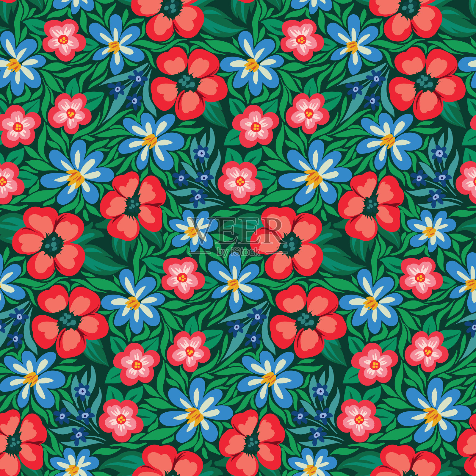 无缝图案上有绿色的草甸花、小花、叶、草。夏日印花与盛开的田野。华丽的植物背景与手绘植物。向量。插画图片素材