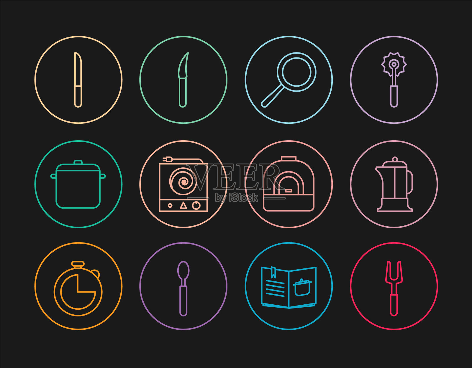 设置线烧烤叉，法式压力机，煎锅，电炉，烹饪锅，刀，烤箱和图标。向量图标素材