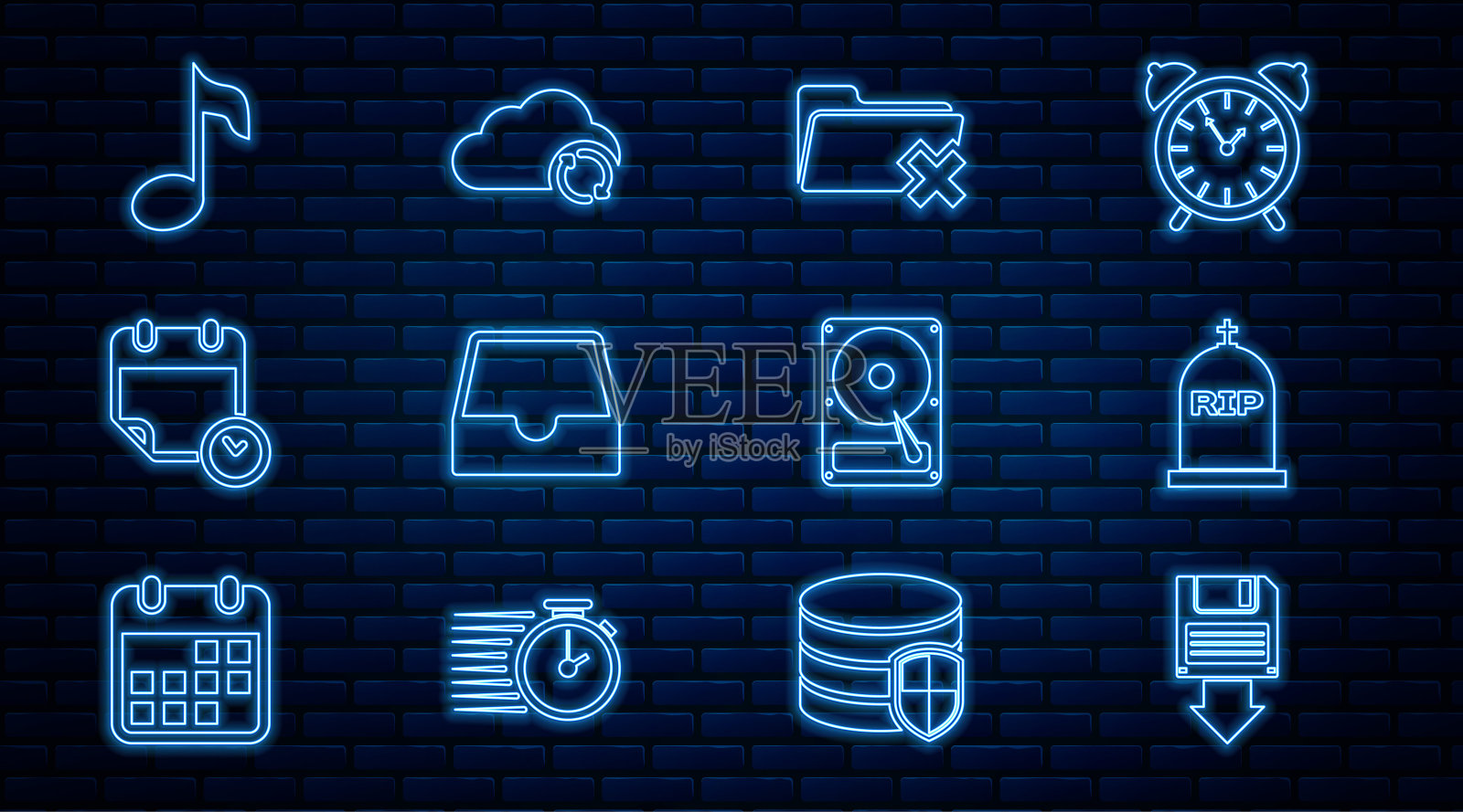 设置行软盘备份，Tombstone与RIP写入，删除文件夹，社交媒体收件箱，日历和时钟，音乐笔记，硬盘驱动器HDD和云同步刷新图标。向量图标素材