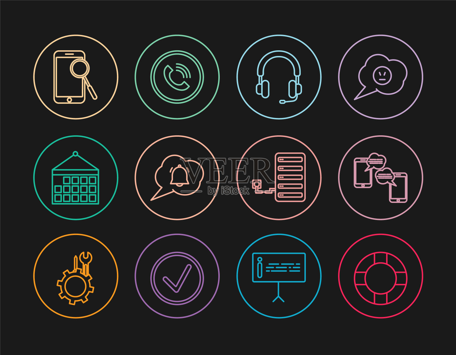 设置线路救生圈，手机聊天信息，耳机，语音气泡聊天通知，日历，移动诊断，服务器和电话呼叫图标。向量图标素材