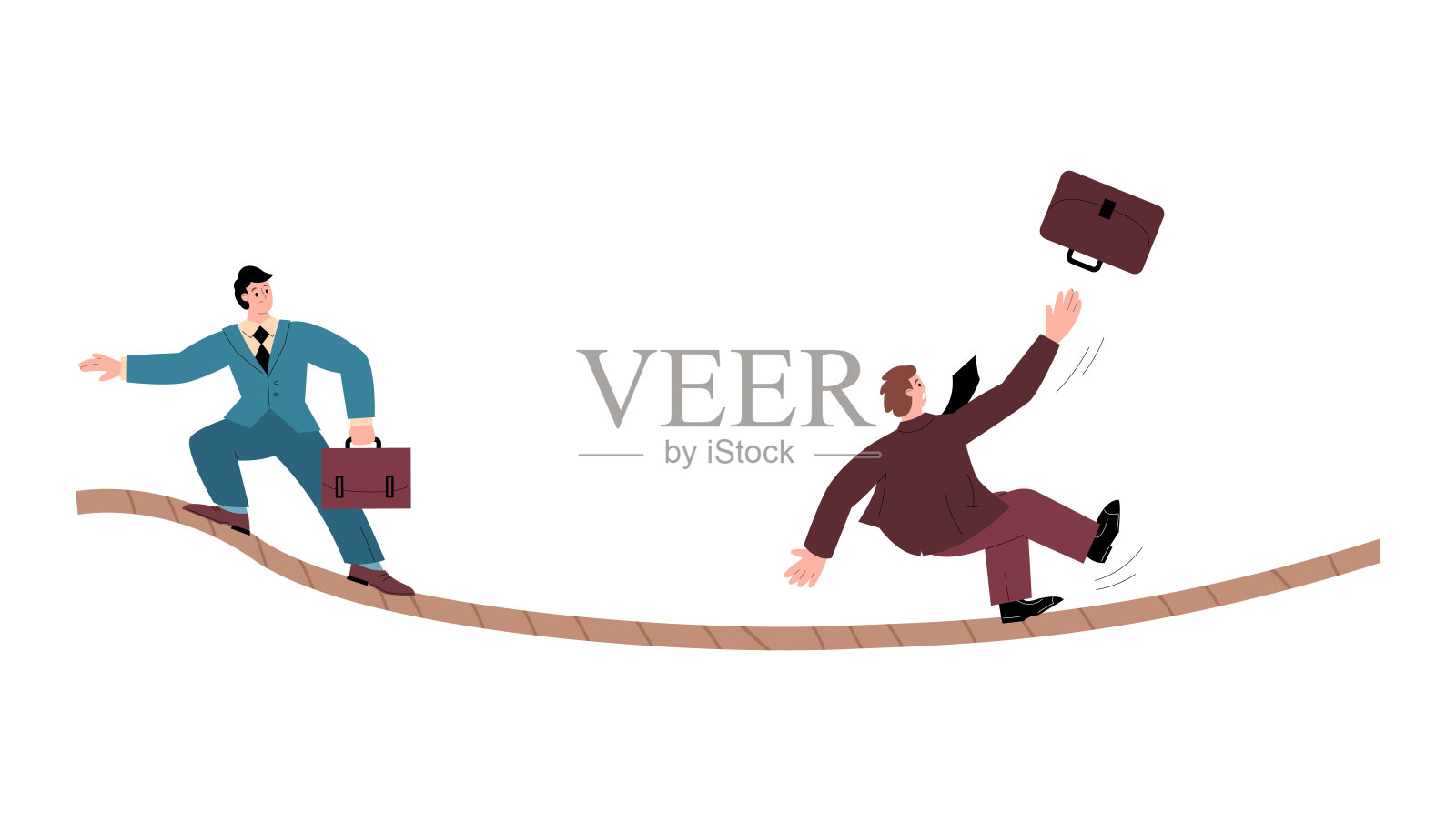穿着西装的人走在绳子上，象征着商业挑战和失败，平面矢量图孤立在白色上。设计元素图片