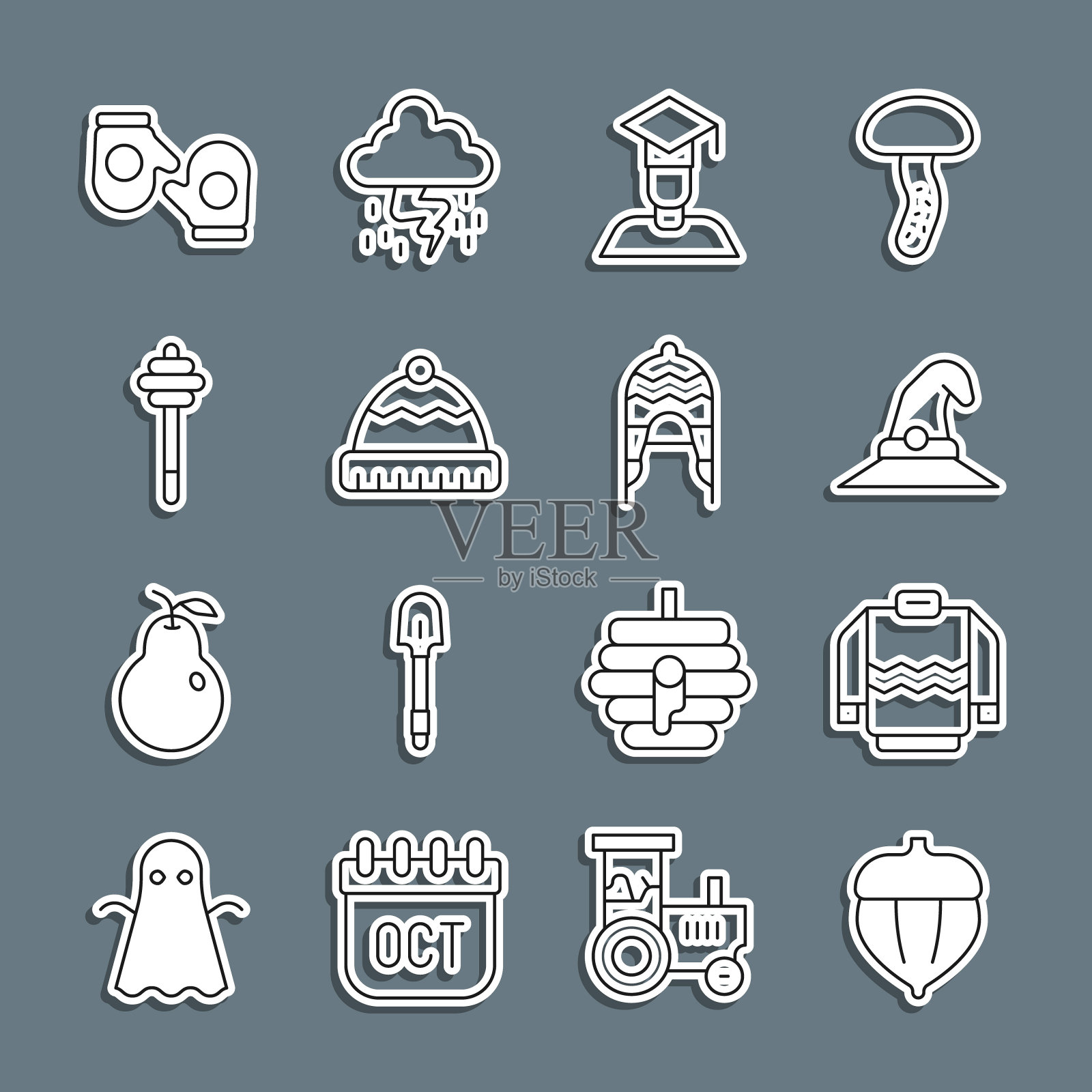 设置线橡子，毛衣，女巫帽，毕业生和毕业帽，冬天，蜂蜜勺棒，圣诞节手套和图标。向量图标素材