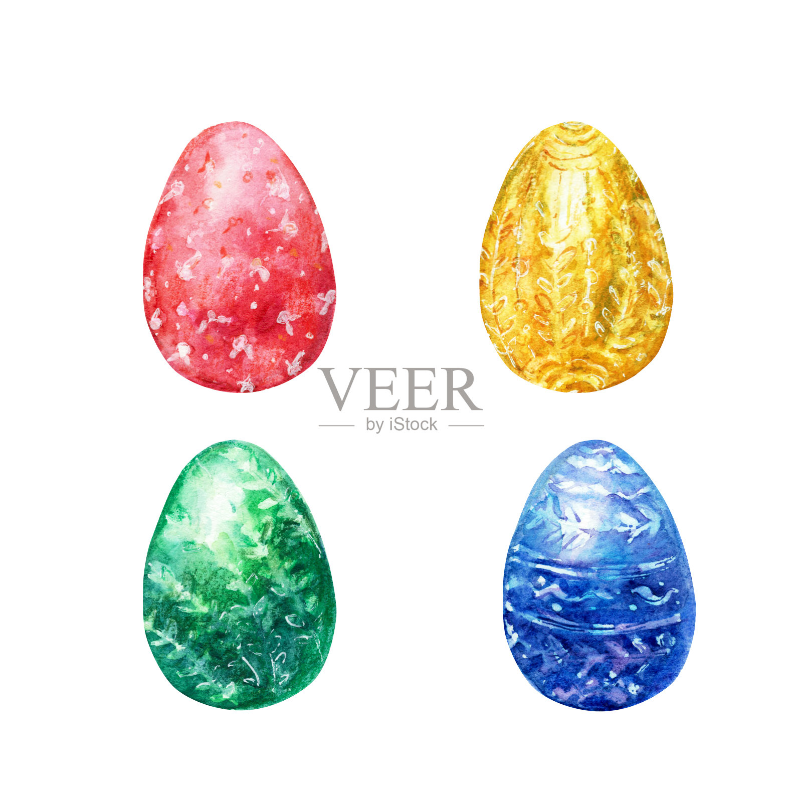 手绘水彩复活节彩蛋，色彩鲜艳，配有装饰品插画图片素材