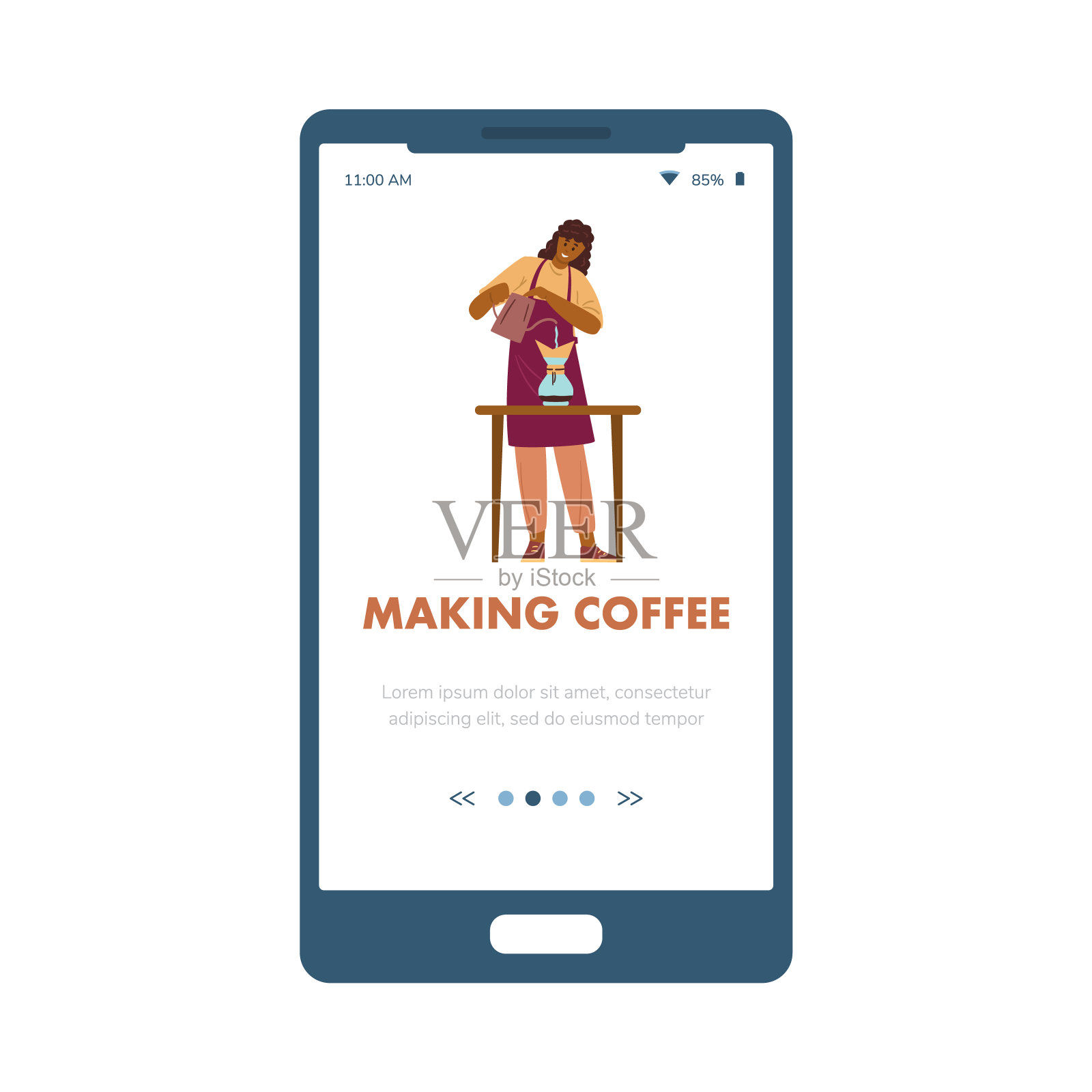 制作咖啡与咖啡师平面矢量插图在登机移动应用程序页面。插画图片素材