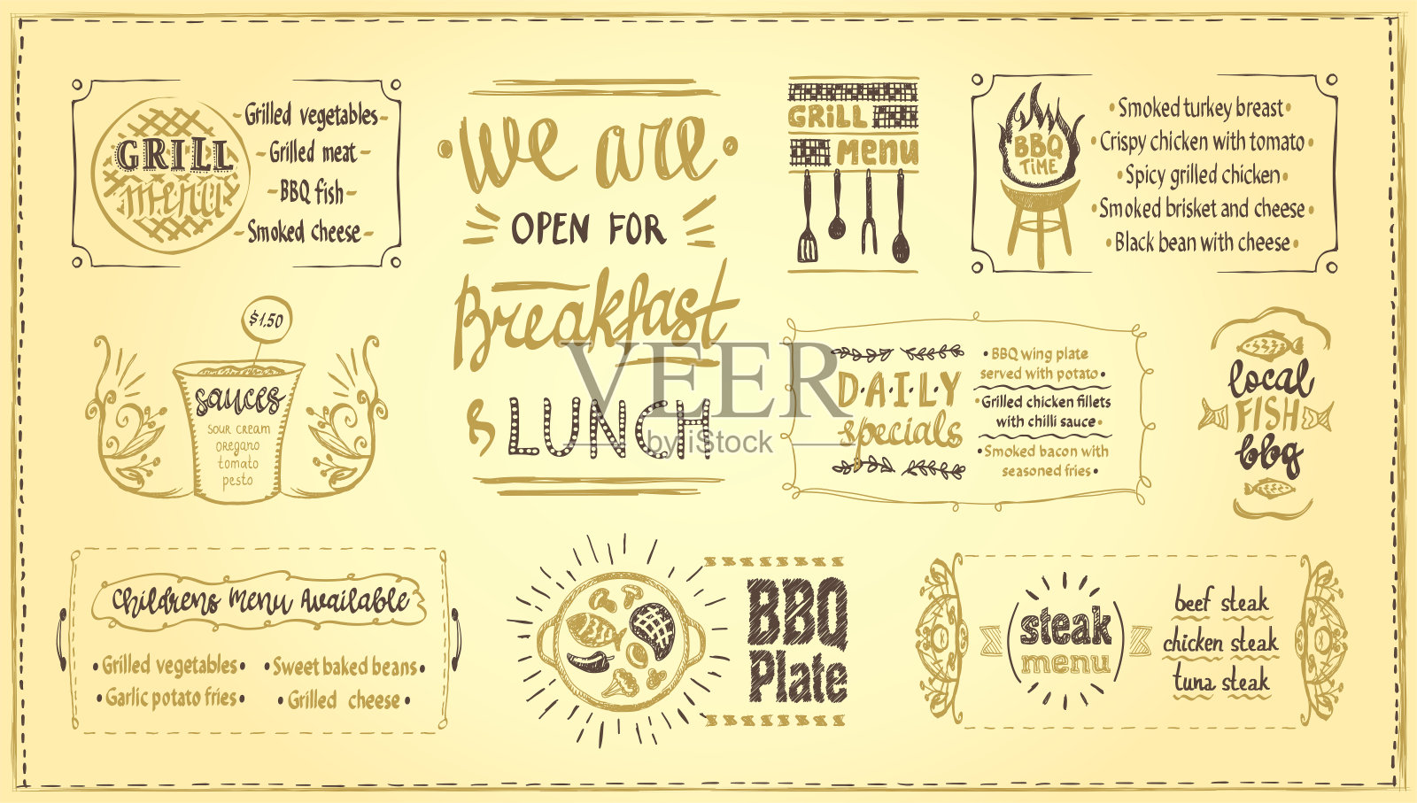 烧烤咖啡馆菜单板模板，矢量菜单板与烧烤符号和菜肴字母插画图片素材