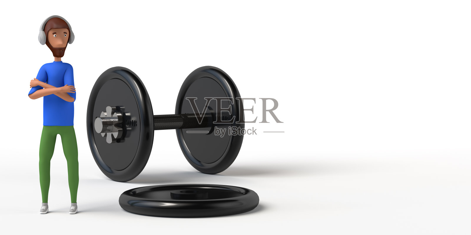 准备好带着耳机进行举重运动了。副本的空间。3 d演示。卡通。照片摄影图片