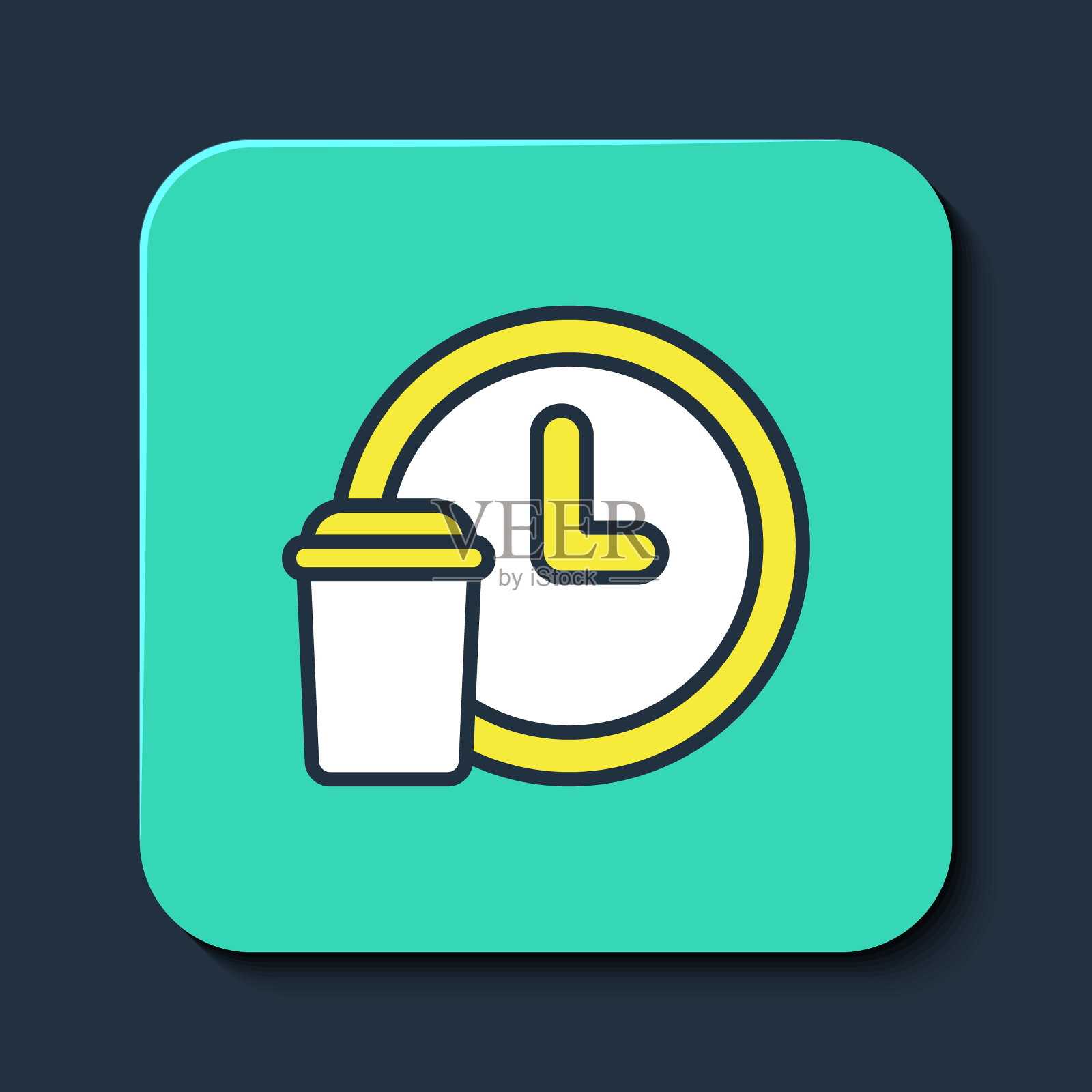 填充轮廓在蓝色背景上隔离的时钟交付图标。绿松石平方按钮。向量图标素材