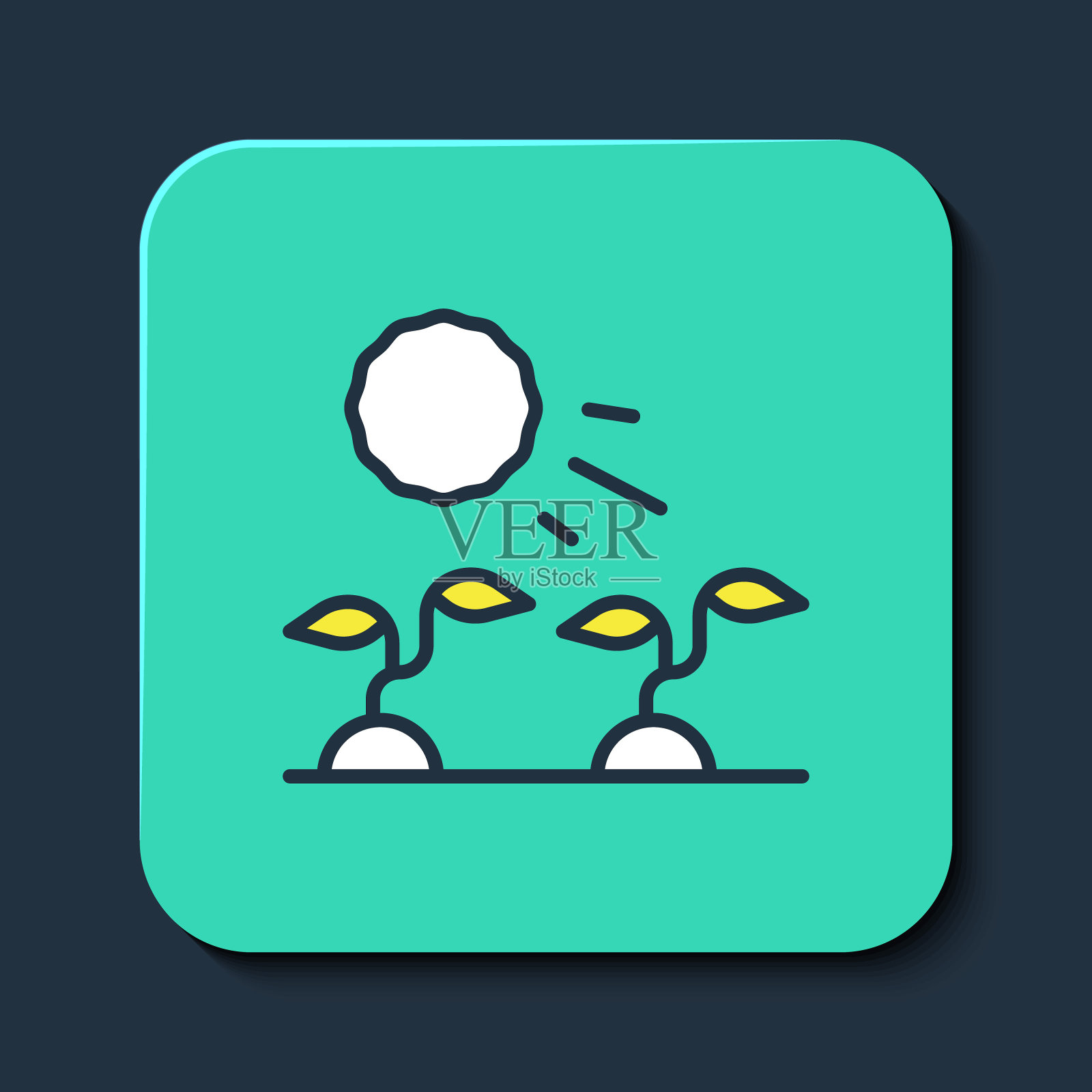 填充轮廓植物芽生长在太阳图标孤立的蓝色背景。幼苗的概念。绿松石平方按钮。向量插画图片素材