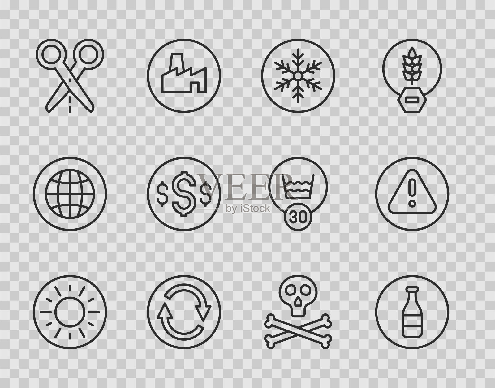 设置线太阳，瓶子，雪花，回收符号，剪刀剪纸线，美元，骨头和头骨警告和感叹号三角形图标。向量图标素材