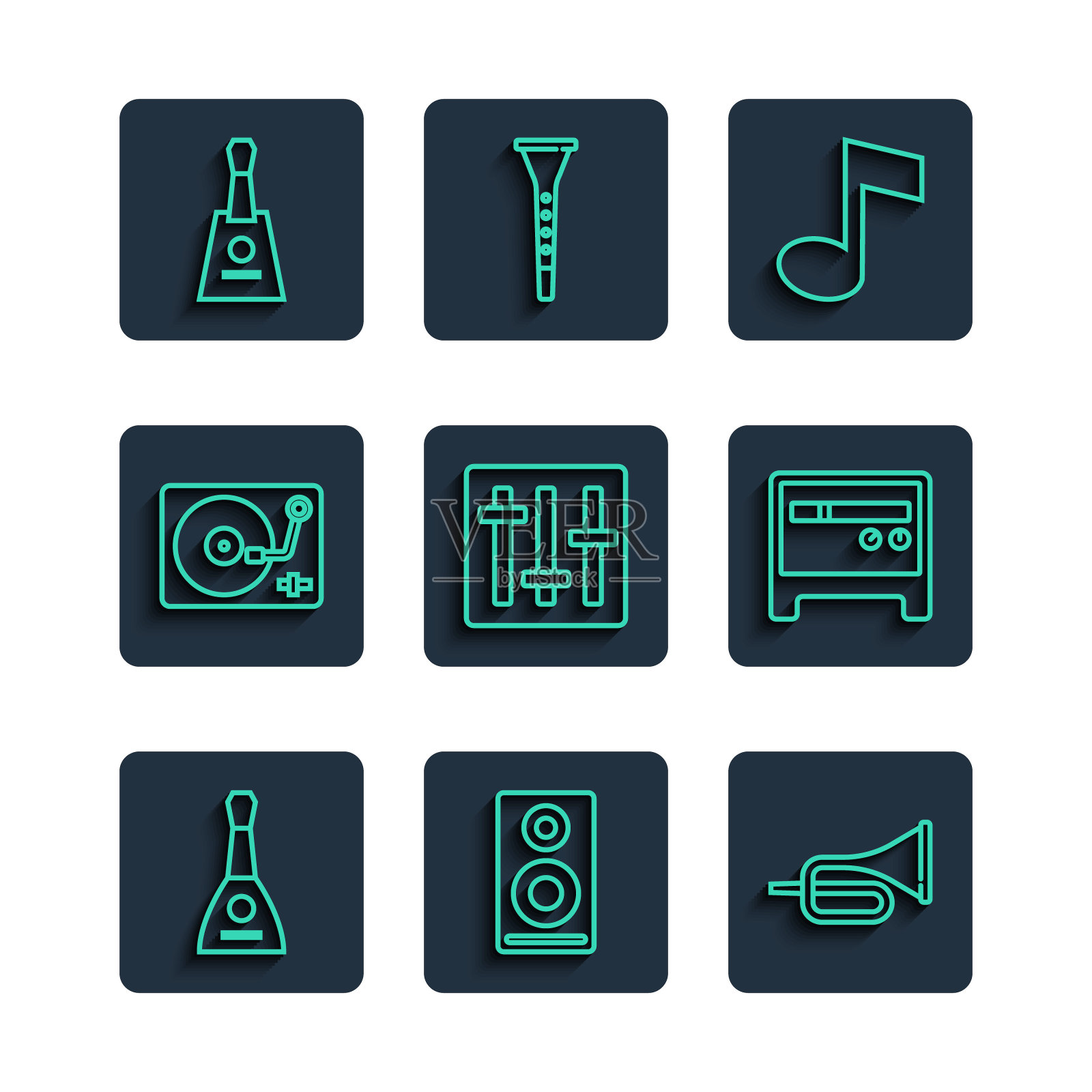 设置线巴拉莱卡，立体声扬声器，小号，音乐笔记，音调，混音控制器，乙烯基播放器与乙烯基磁盘，和吉他放大器图标。向量图标素材