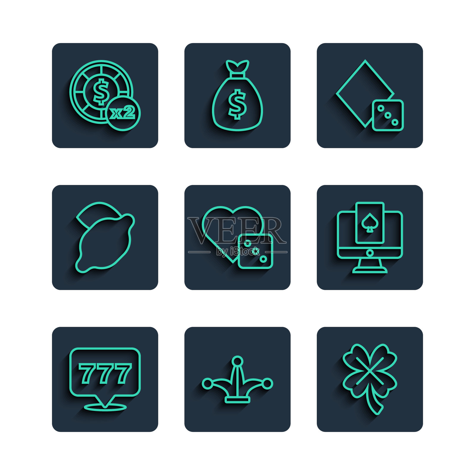 设置线老虎机与头奖，小丑玩卡，赌场插槽三叶草，游戏骰子，柠檬，薯条和在线扑克桌游戏图标。向量图标素材